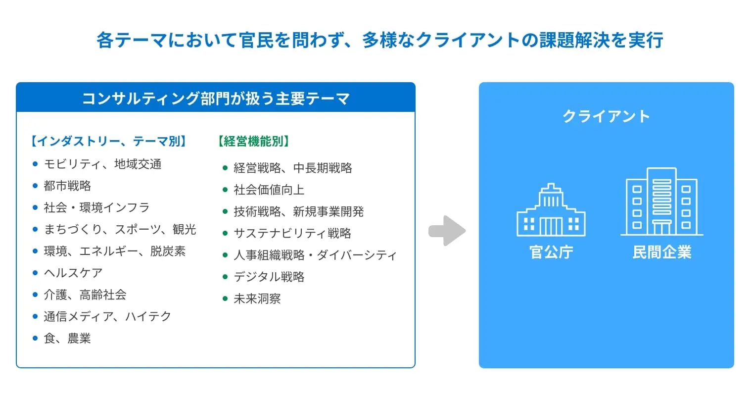 コンサルティングの主要テーマに対し、官公庁および民間企業の課題解決を行う対応関係を示した図